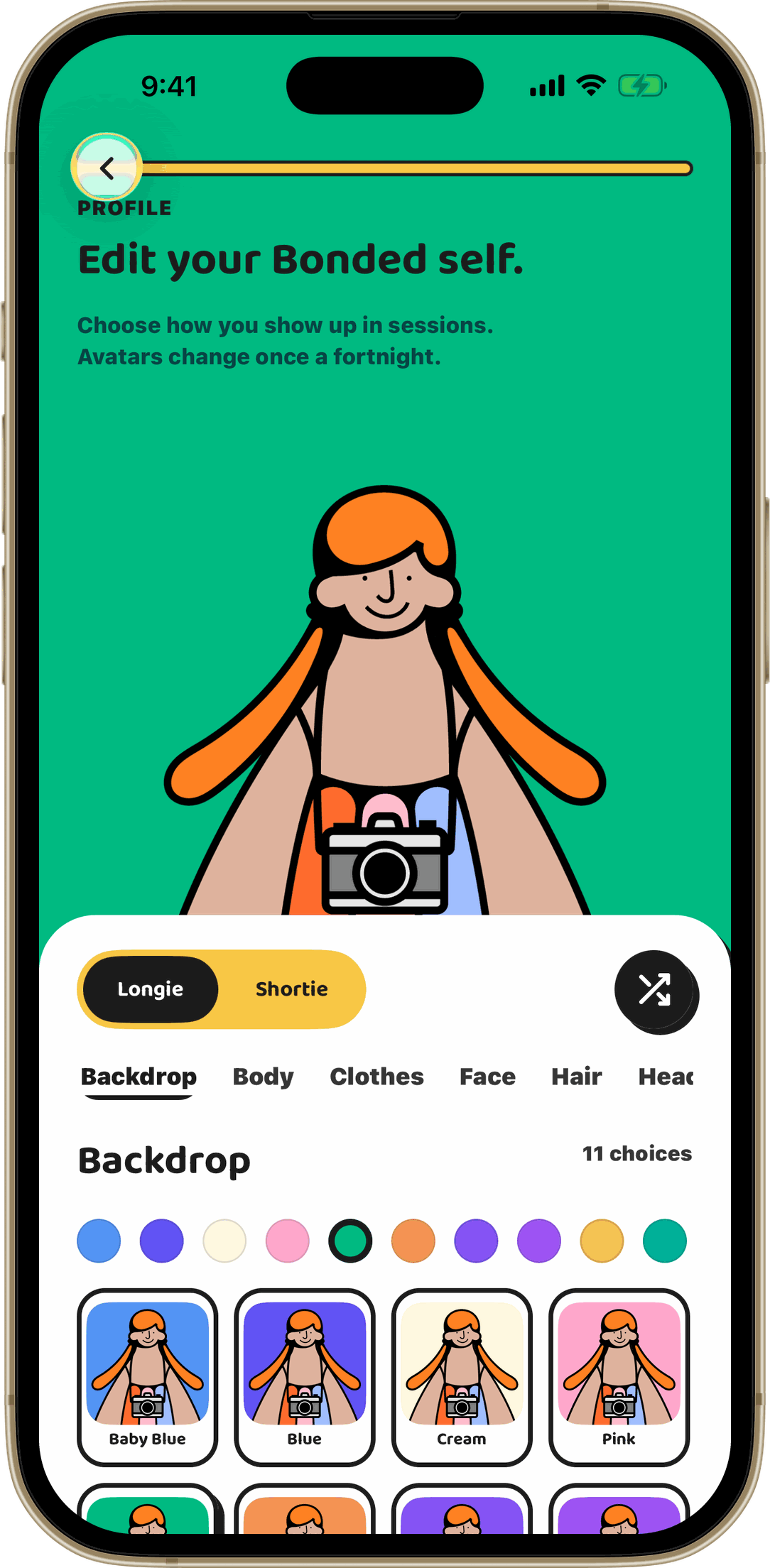 Bonded app avatar editor on iPhone, choosing backdrop, body, clothes, face and hair to build a character instead of uploading a photo