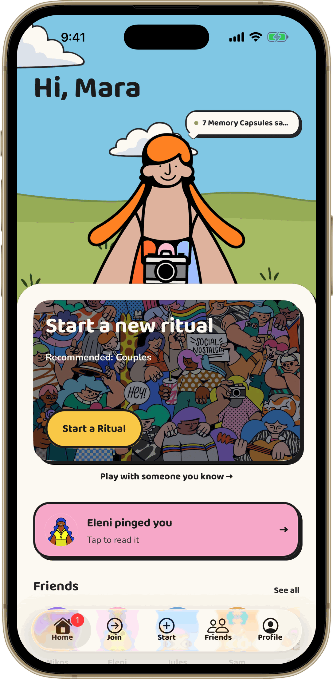 Bonded app home screen on iPhone showing your avatar, your saved moments and a recommended couples session ready to start