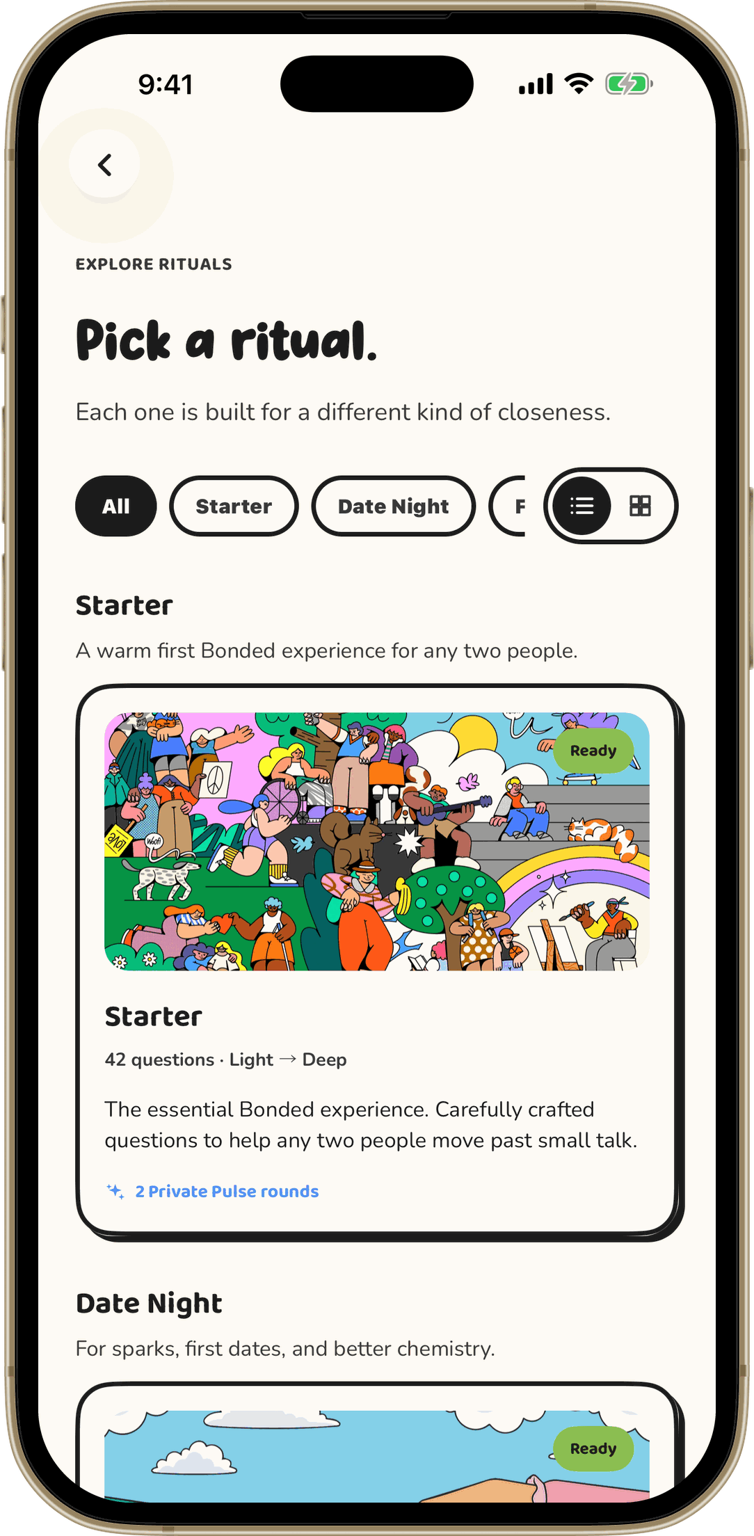 Bonded app deck picker on iPhone showing question decks for couples, first dates and friends