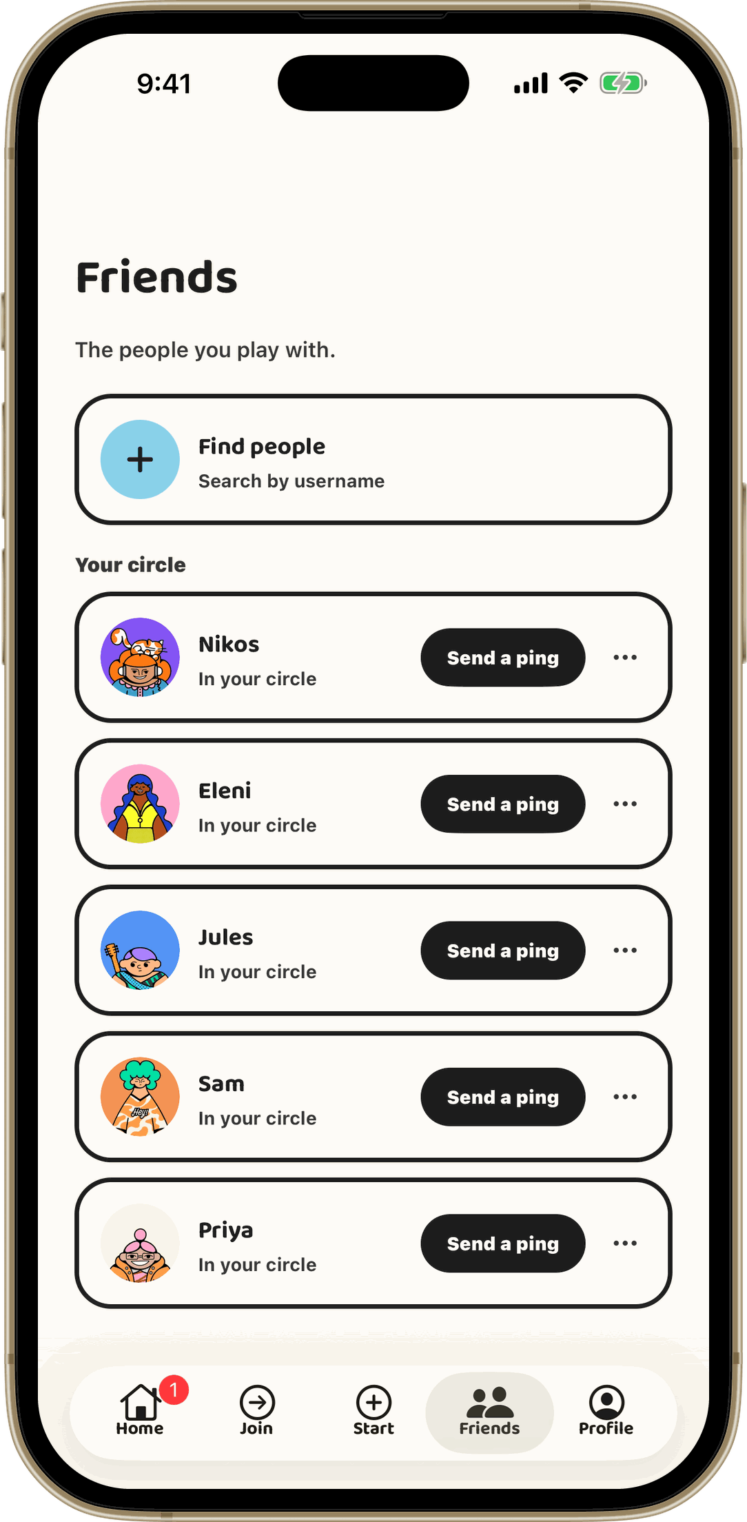 Bonded app friends screen on iPhone showing your circle of people to play with and a button to send a ping