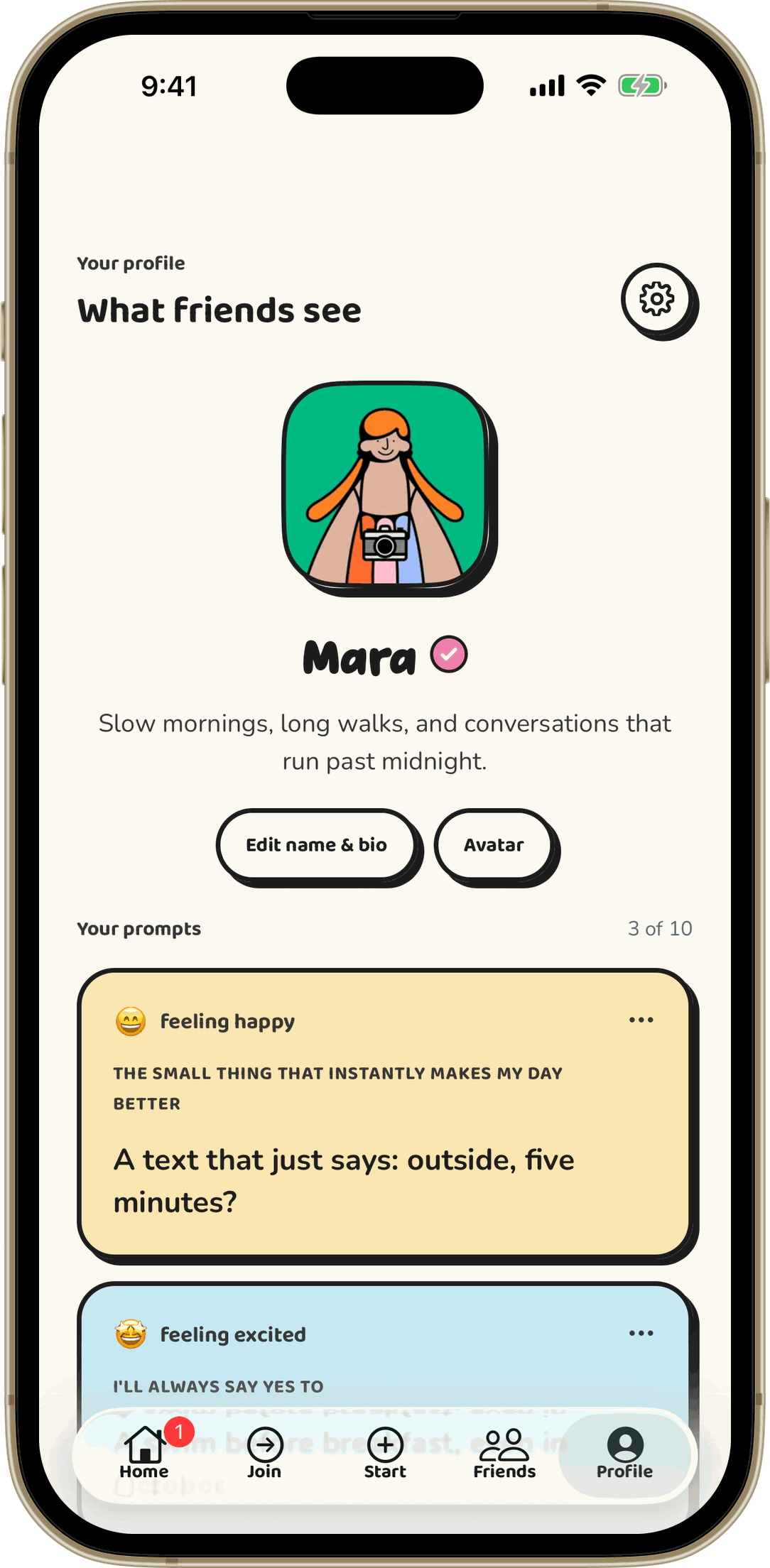 Bonded app profile screen on iPhone showing a player's avatar, short bio and answered conversation prompts that friends can see