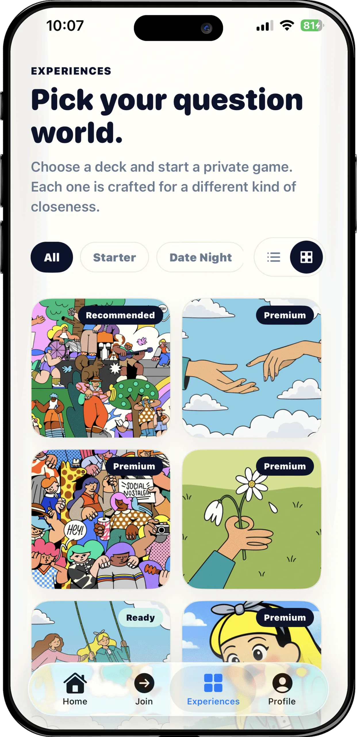 Bonded app experiences screen: pick a question deck