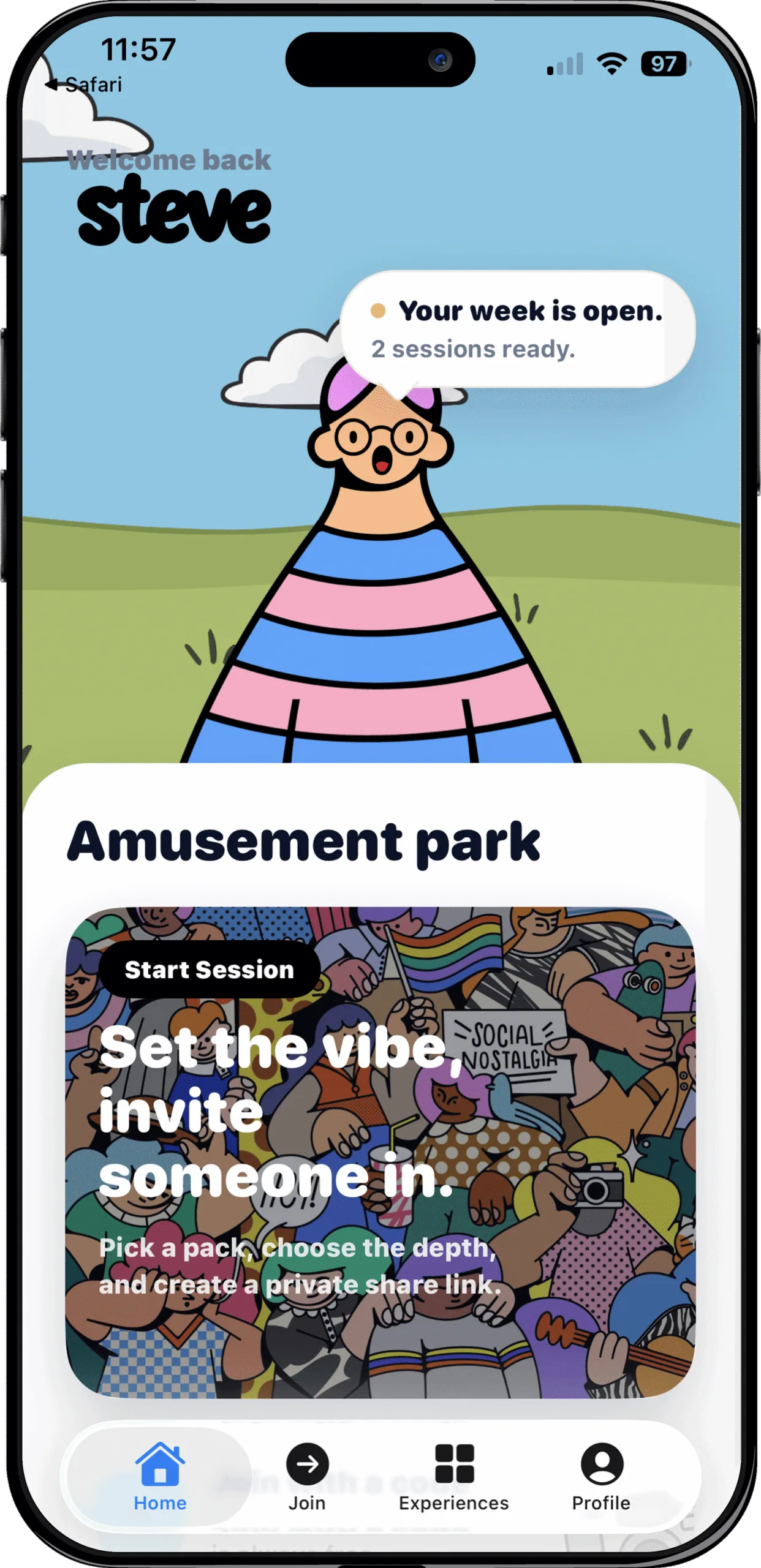 Bonded app home screen with your avatar and sessions ready to start