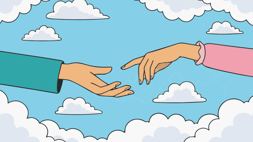 Two illustrated hands reaching toward each other among clouds