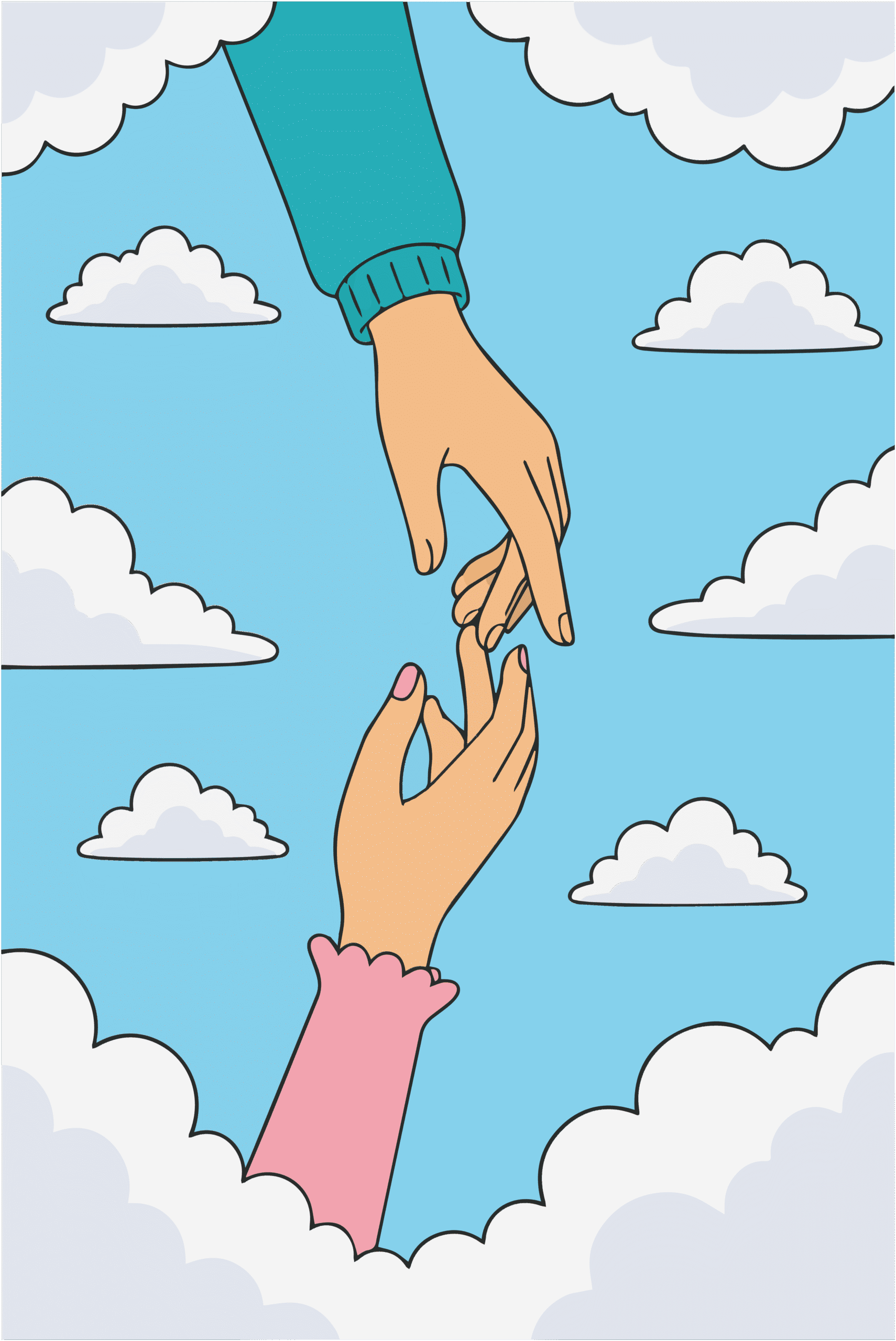 Two illustrated hands reaching toward each other in the Bonded Studio world