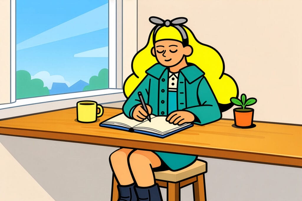 Illustrated woman journaling by a window, representing self-reflection, emotional wellbeing, personal growth, and meaningful connection