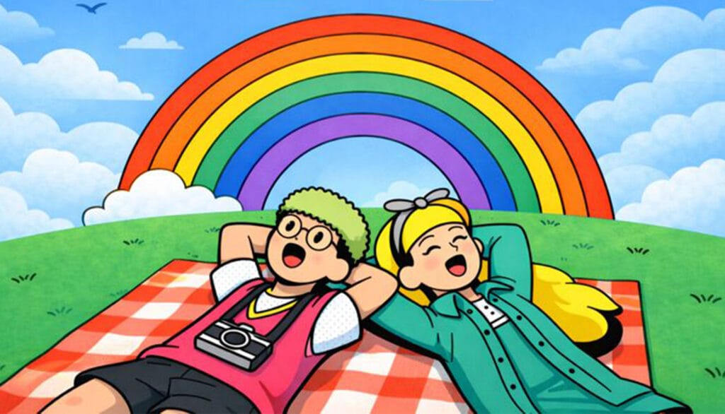 Illustrated couple relaxing on a picnic blanket beneath a rainbow