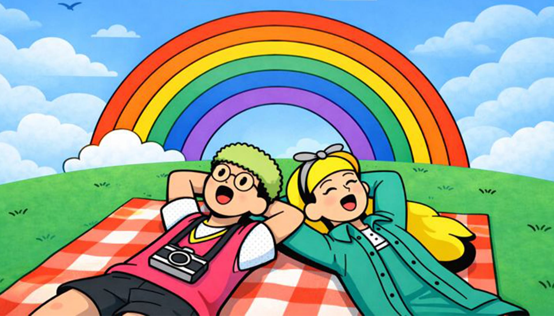 Illustrated couple relaxing on a picnic blanket beneath a rainbow