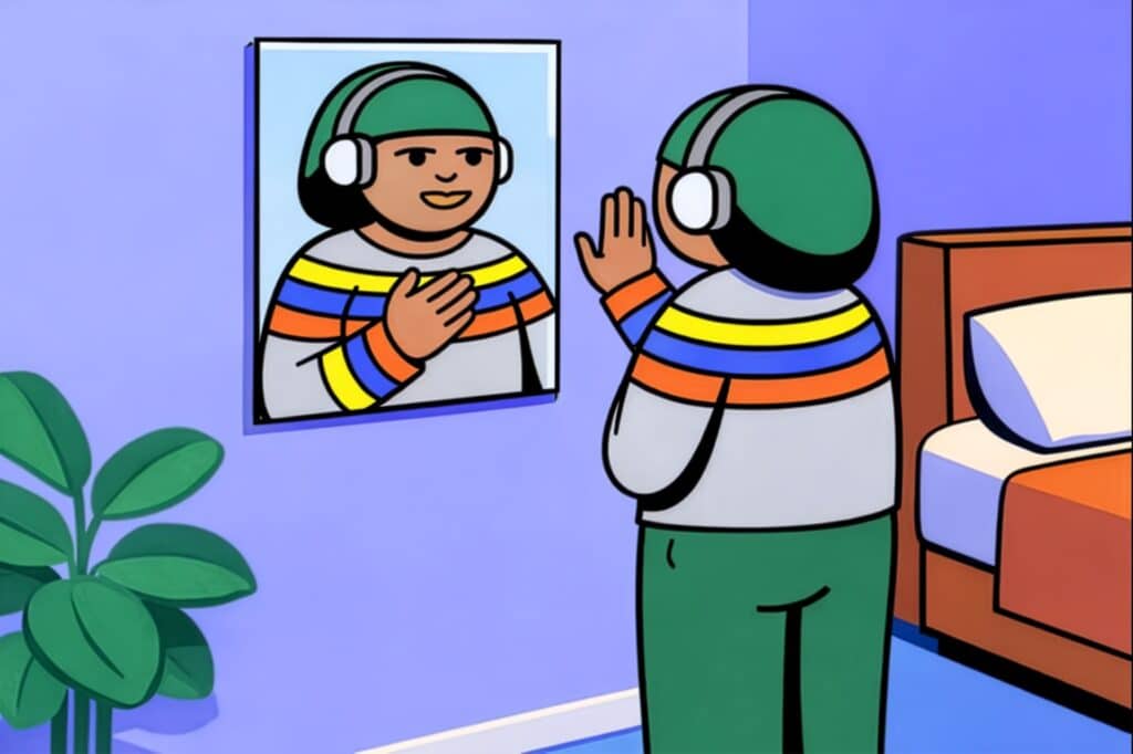 Person looking into a mirror in a softly lit room