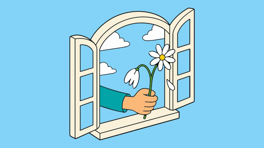 Illustrated hand reaching through an open window to offer a daisy, a visual metaphor for building trust in a relationship
