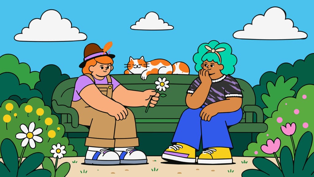 Two friends sharing a flower on a park bench, representing the small ordinary moments that build trust between people