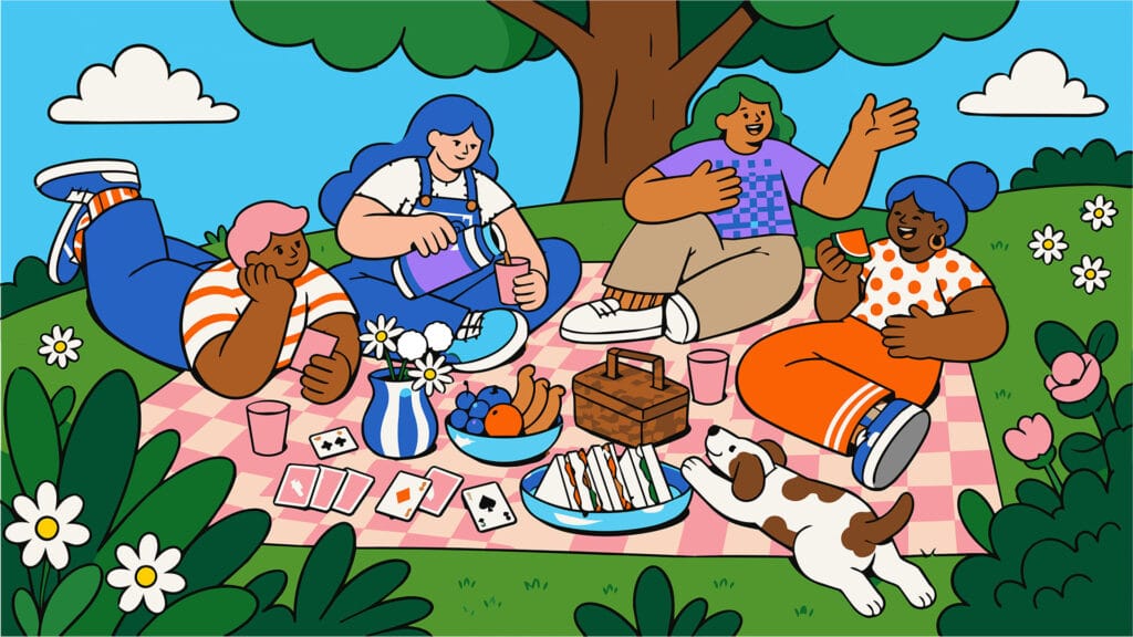 Four friends sharing a picnic on a park , under a tree, representing connection and conversation