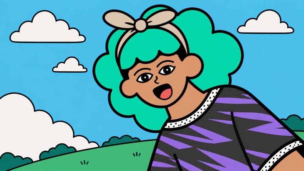 Green-haired Bonded Studio character with a beige bow and purple-patterned shirt, leaning into the frame against a bright blue sky, white clouds and green hills.