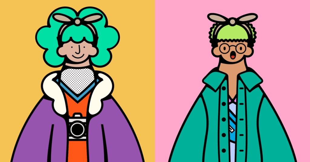 Two Bonded characters mid-conversation, one wide-eyed and surprised by a random question they did not see coming