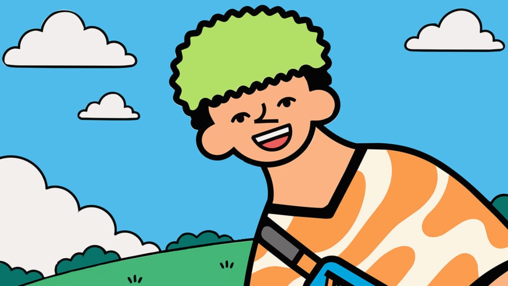 Illustrated Bonded Studio character smiling in a sunny park with green hills and white clouds, representing the everyday reliability that builds trust