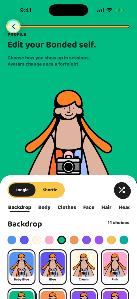 Bonded avatar builder showing character and backdrop choices.