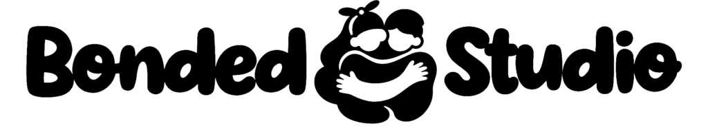 Black Bonded Studio wordmark with illustrated hugging characters.