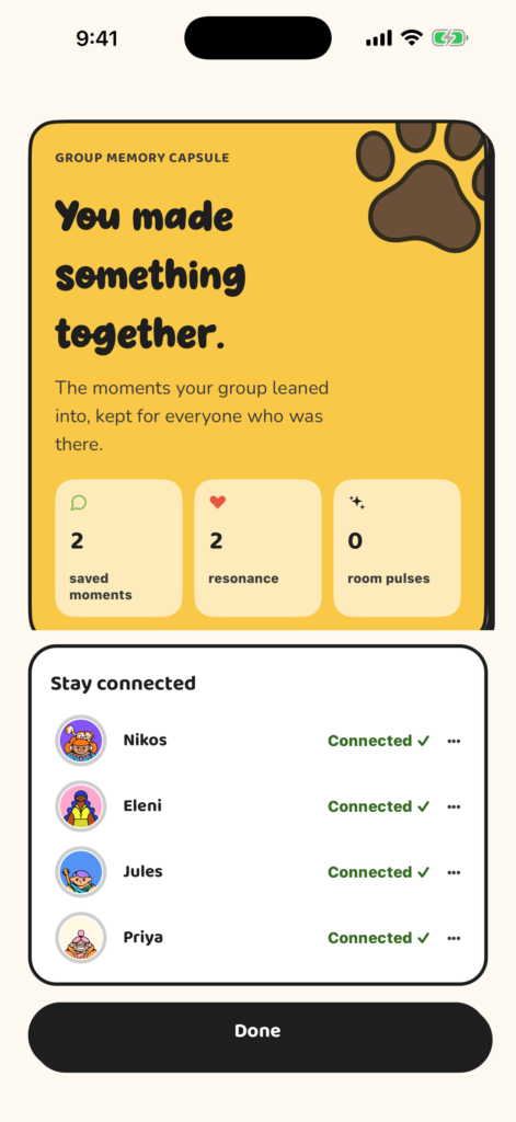 A group Memory Capsule showing shared moments and connected players.