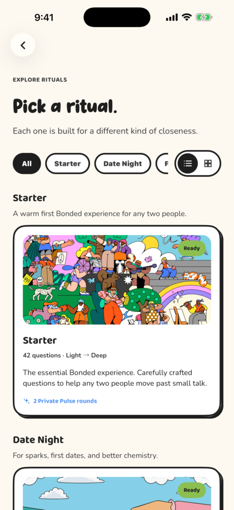 Bonded deck library showing Starter and Date Night conversation decks.
