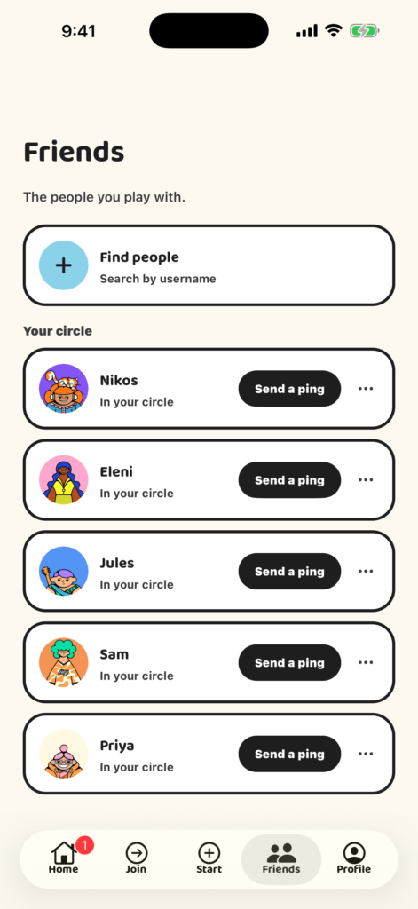 Bonded Friends screen with connections and Send a ping buttons.
