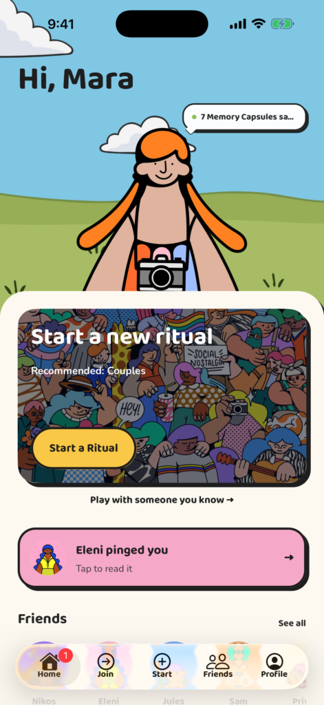 Bonded home screen with an avatar, a Start a new ritual card and a ping from a friend.