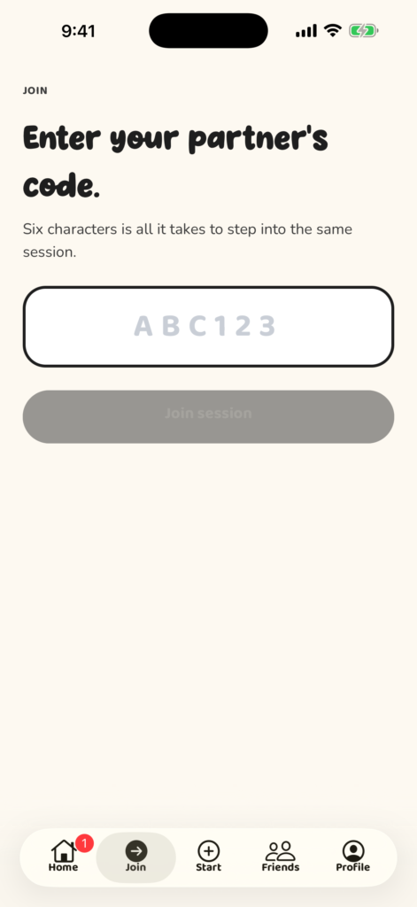 Bonded join screen with a six-character session code field.