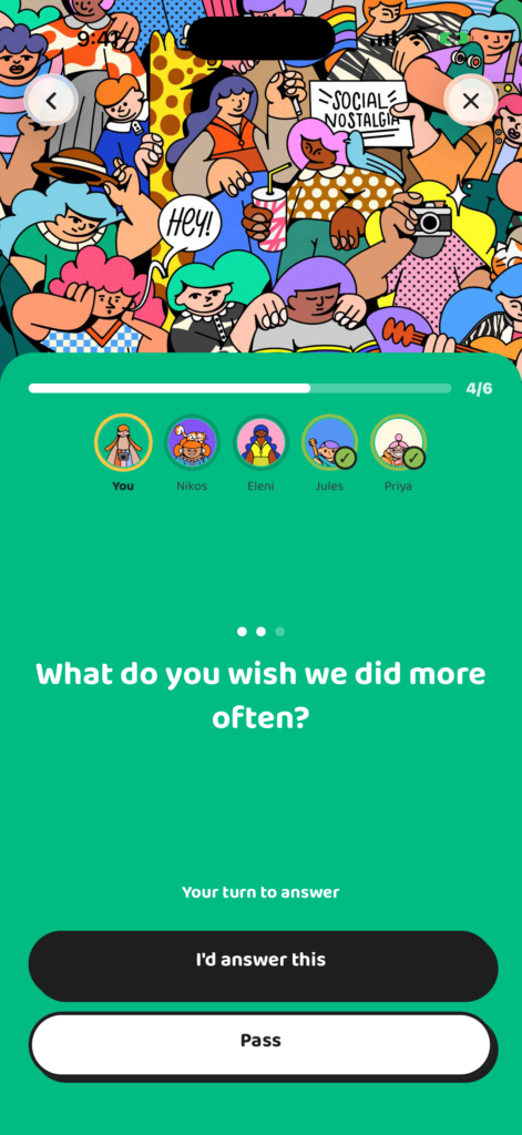 Bonded conversation round showing six players and the prompt What do you wish we did more often?