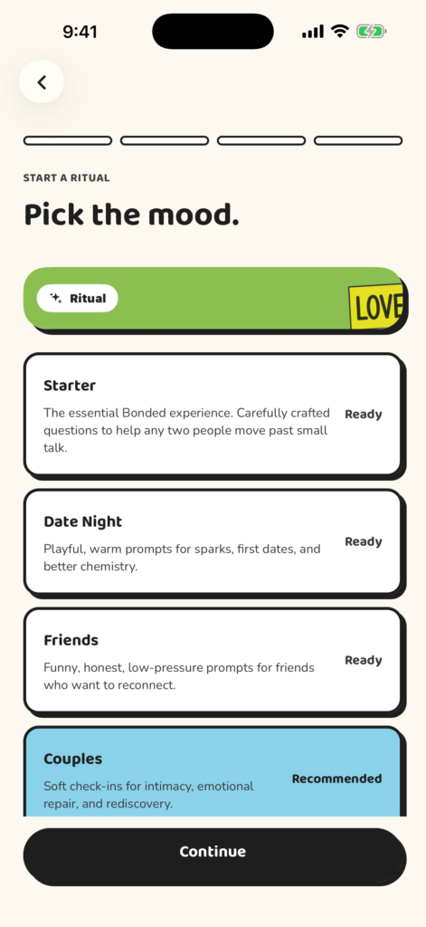 Bonded session setup with a choice of conversation decks.